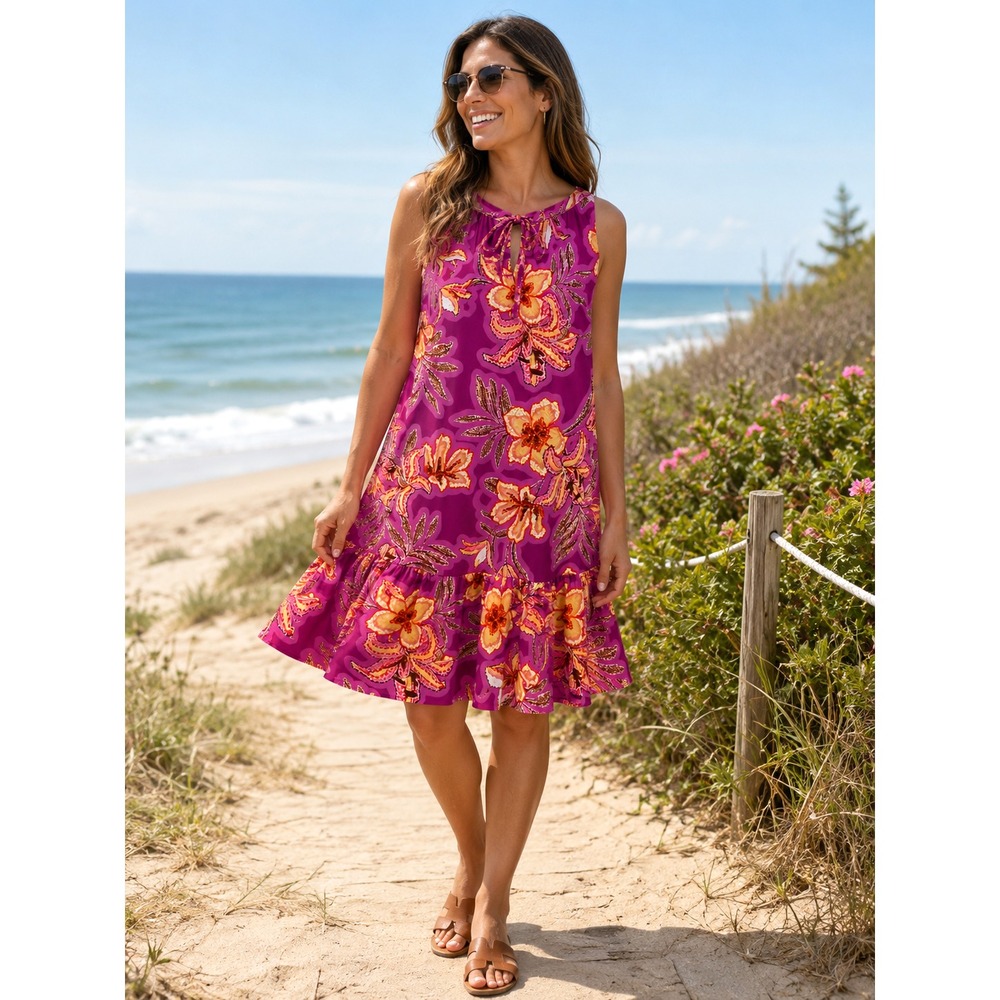 Floral Sleeveless Babydoll Dress Purple Pink Cotton Modal Stretch Size XL